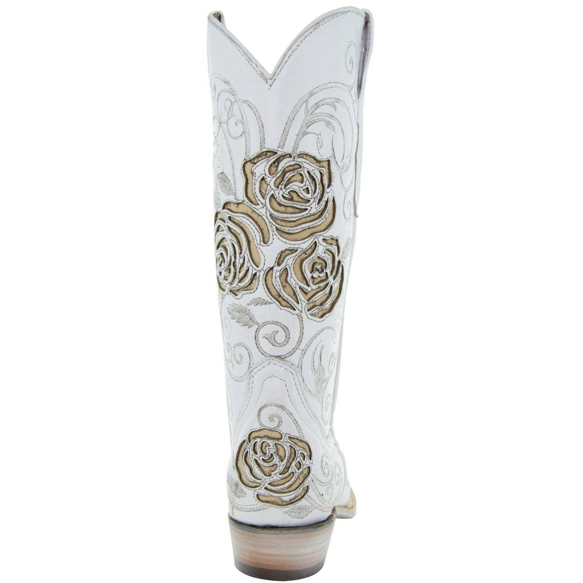 White rose inlayed women's cowgirl boots by Soto Boots featuring detailed floral embroidery and classic Western styling.