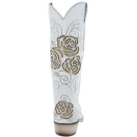 White rose inlayed women's cowgirl boots by Soto Boots featuring detailed floral embroidery and classic Western styling.