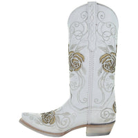 White Rose Inlayed Women's Cowgirl Boots by Soto Boots, featuring intricate white rose detailing on classic Western-style leather boots.