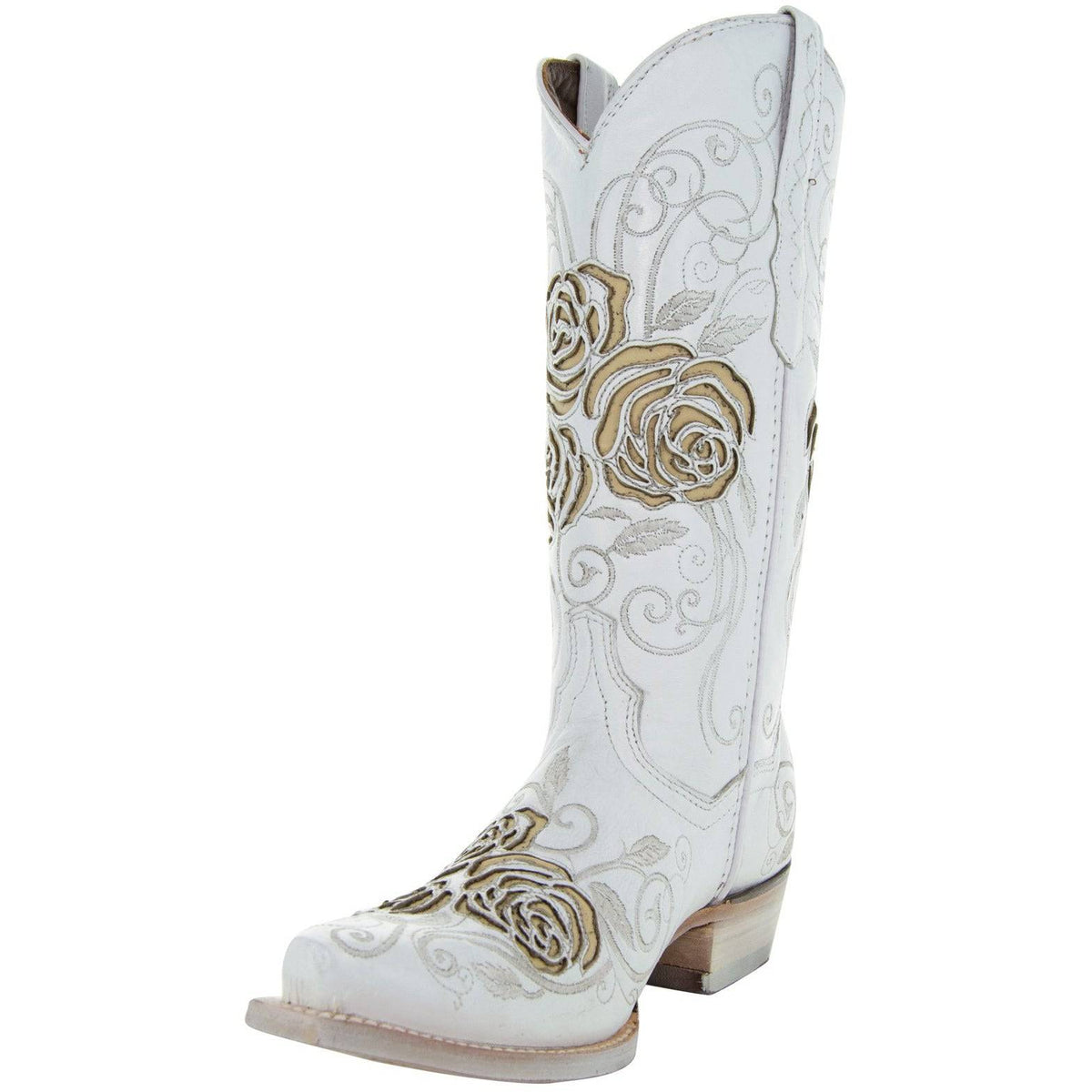 White Rose inlayed women's cowgirl boots by Soto Boots, featuring intricate floral design and classic western style.