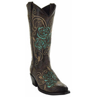 Brown cowgirl boots with turquoise rose inlay details and western style, crafted by Soto Boots.
