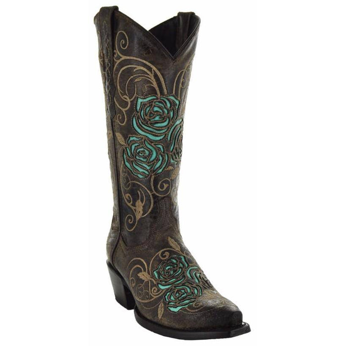 Brown cowgirl boots with turquoise rose inlay details and western style, crafted by Soto Boots.