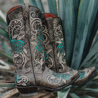 Tan and turquoise Soto Boots cowgirl boots with rose inlay design for women, featuring traditional Western style and detailed craftsmanship.