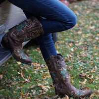 Turquoise and brown cowgirl boots with rose inlay design by Soto Boots, featuring Western style and leather construction.