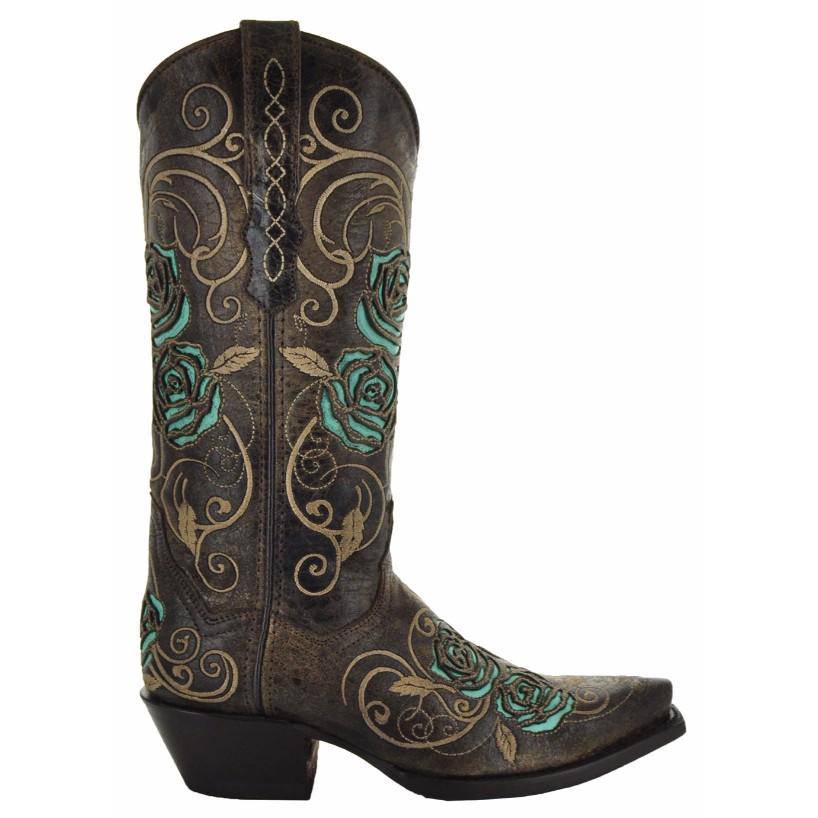 Turquoise rose inlayed Soto women's cowgirl boots with brown leather and intricate floral detail, stylish Western footwear