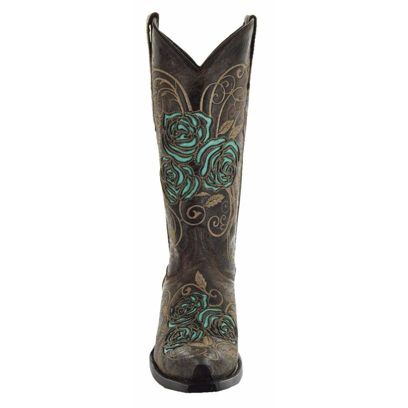 Turquoise rose inlayed Soto women's cowgirl boots with brown leather and Western design, stylish and handcrafted.