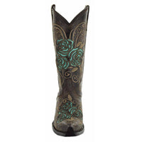Turquoise rose inlayed Soto women's cowgirl boots with brown leather and Western design, stylish and handcrafted.