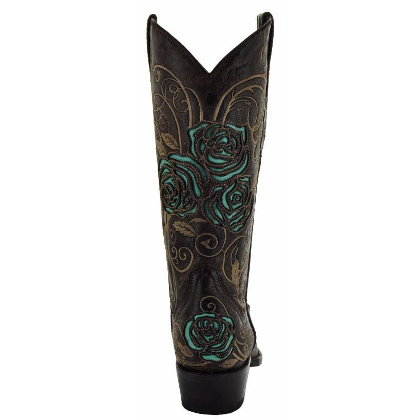 Turquoise rose inlayed Soto Boots women's cowgirl boots with brown leather and intricate floral design.