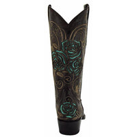 Turquoise rose inlayed Soto Boots women's cowgirl boots with brown leather and intricate floral design.