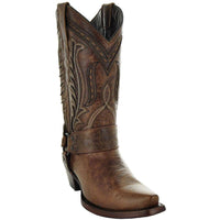 Brown leather women's harness cowgirl boots by Soto Boots, featuring a classic Western style and sturdy harness strap details.