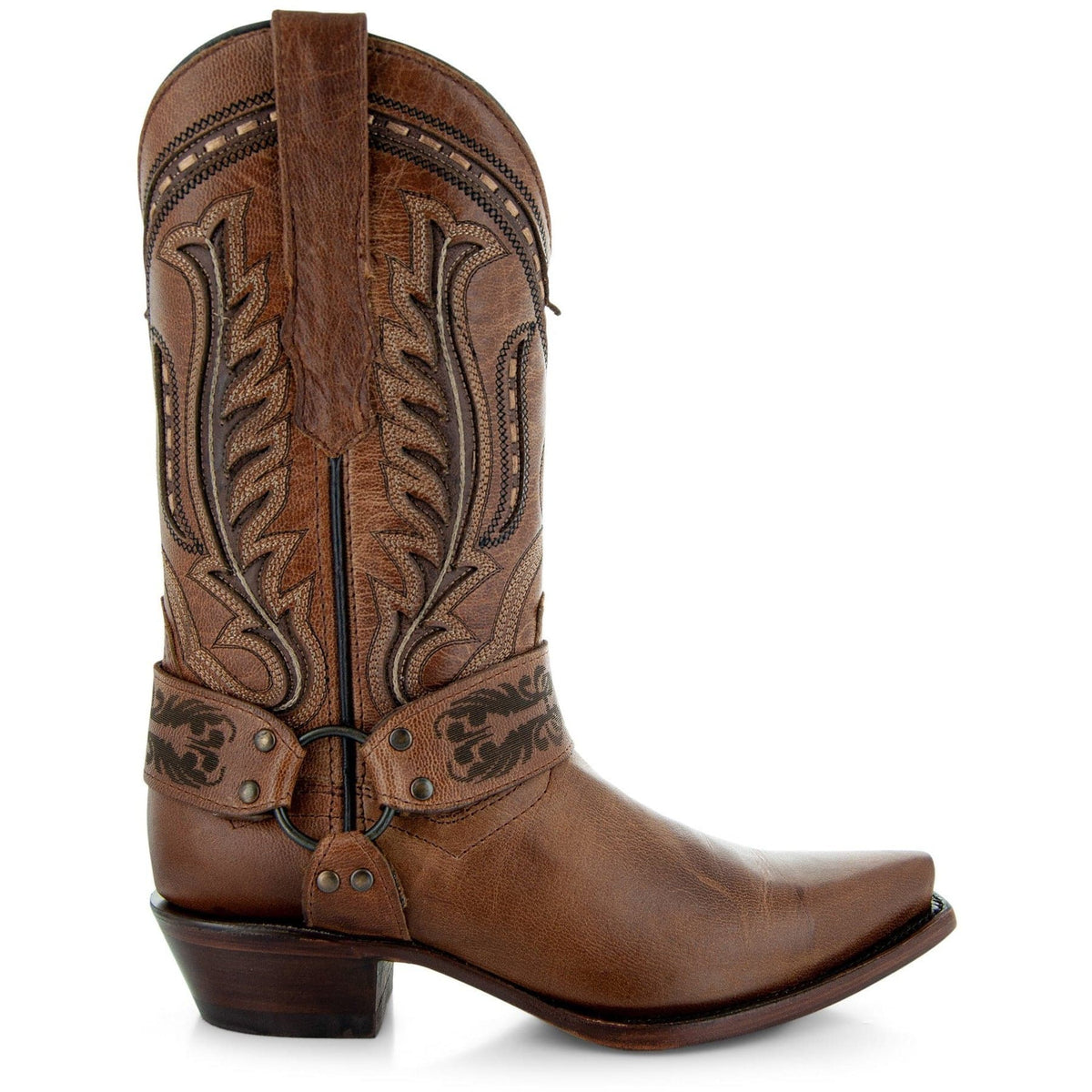 Brown leather women's harness boots by Soto Boots, cowgirl style with sturdy leather straps and classic Western design.
