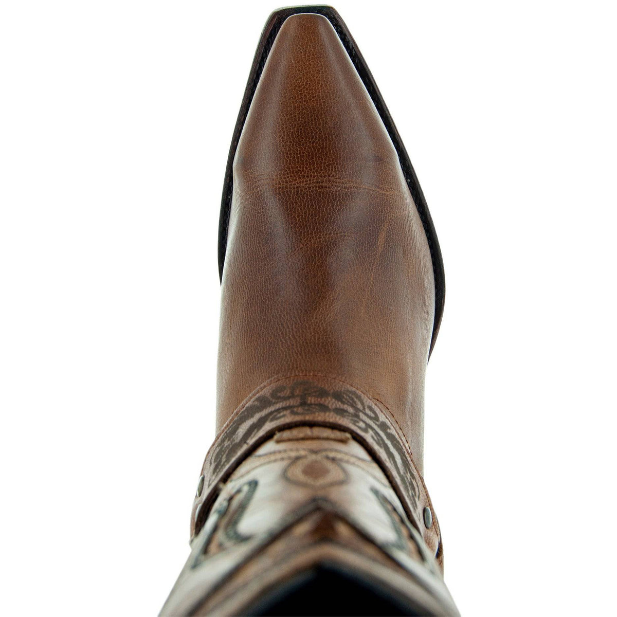 Brown leather women's harness boots by Soto Boots, classic cowgirl style with sturdy heel and strap details.