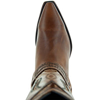 Brown leather women's harness boots by Soto Boots, classic cowgirl style with sturdy heel and strap details.