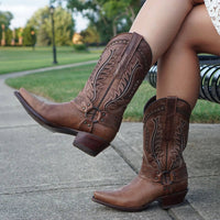 Brown leather women's harness cowboy boots by Soto Boots featuring classic cowgirl style and harness strap details.