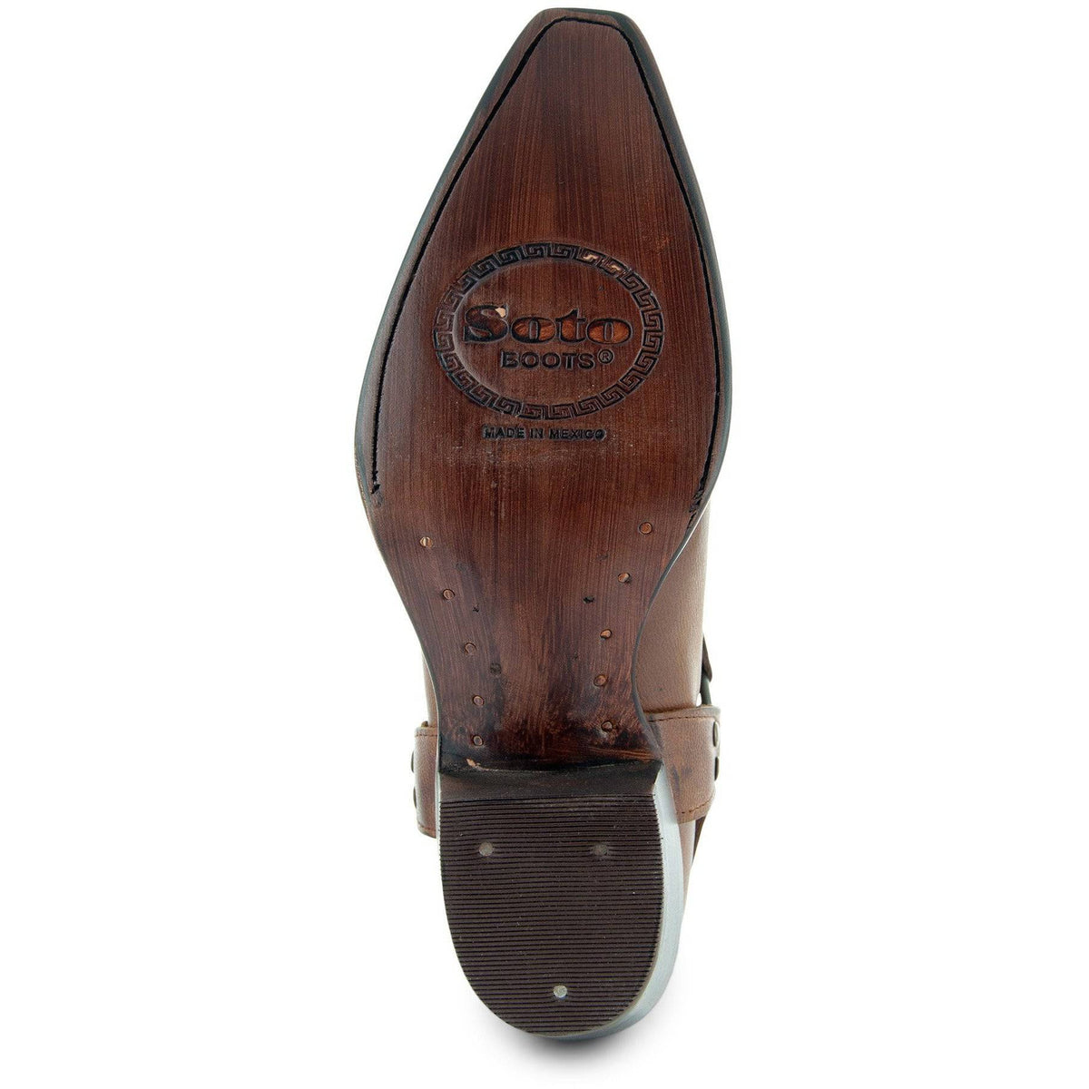 Women's brown leather cowboy harness boots by Soto Boots with classic stitching and pointed toe design.