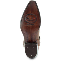 Women's brown leather cowboy harness boots by Soto Boots with classic stitching and pointed toe design.