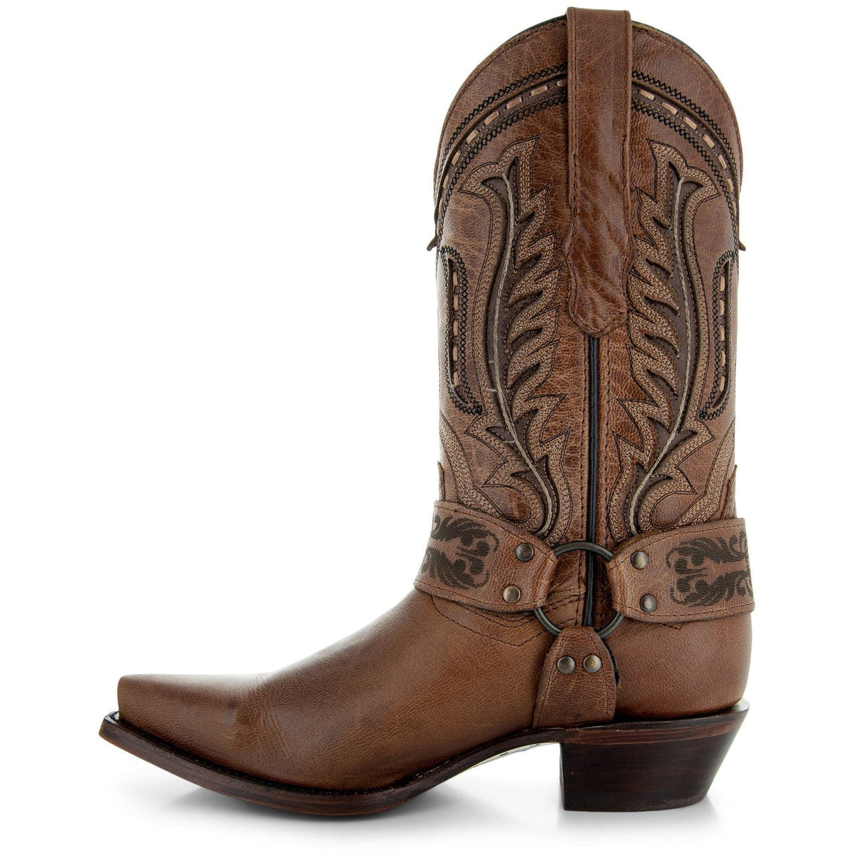 Brown leather women's harness cowgirl boots by Soto Boots with decorative harness straps and pointed toe.