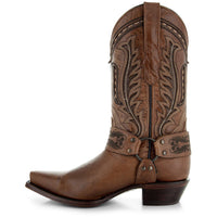 Brown leather women's harness cowgirl boots by Soto Boots with decorative harness straps and pointed toe.