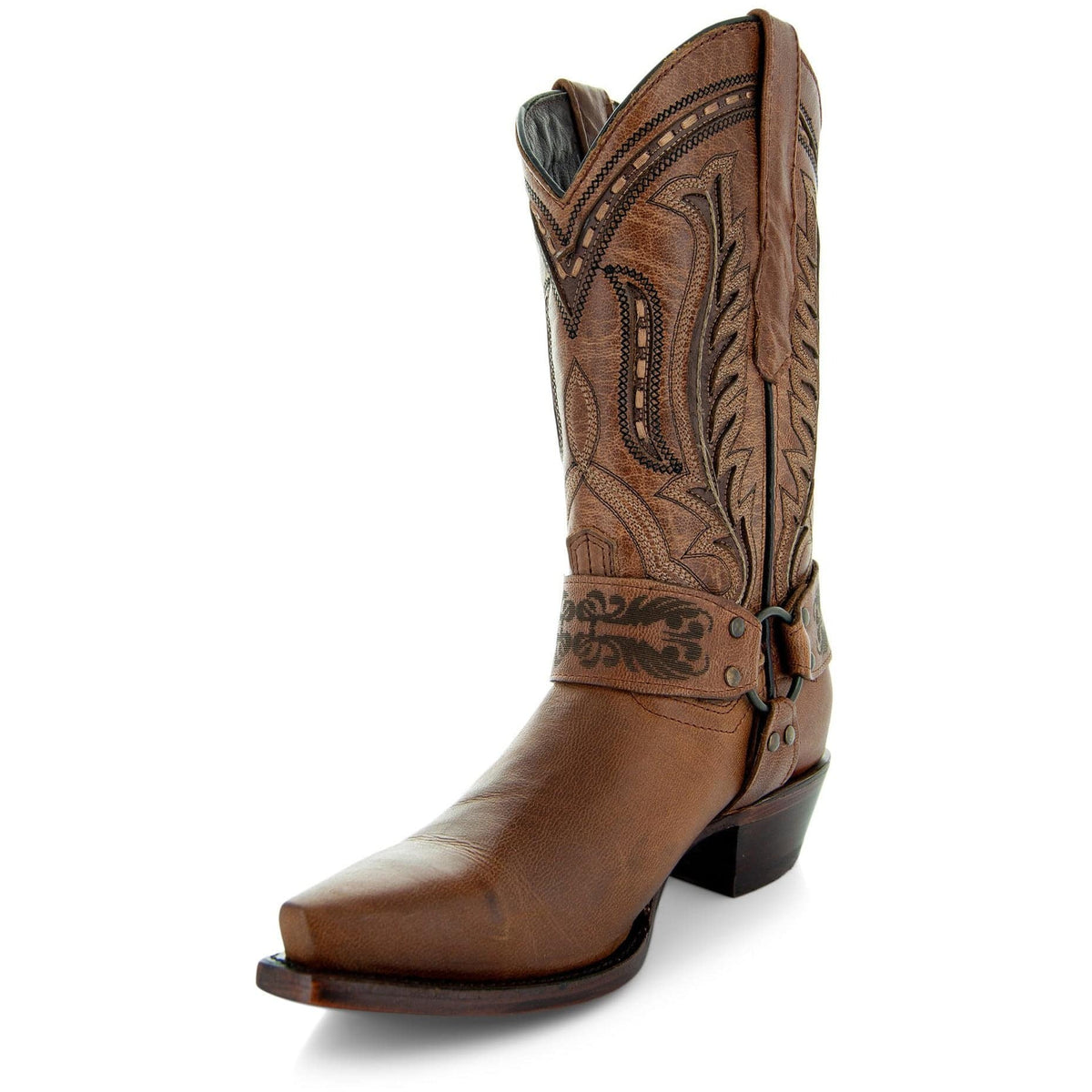 Brown leather women's harness boots featuring classic cowgirl style and sturdy construction, by Soto Boots.
