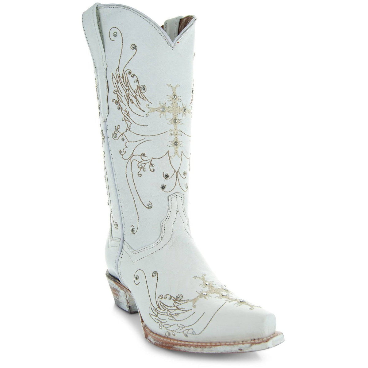 White rhinestone cowgirl boots by Soto Boots featuring Western style, intricate rhinestone details, perfect for wedding or special occasions.