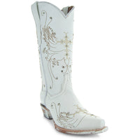 White rhinestone cowgirl boots by Soto Boots featuring Western style, intricate rhinestone details, perfect for wedding or special occasions.