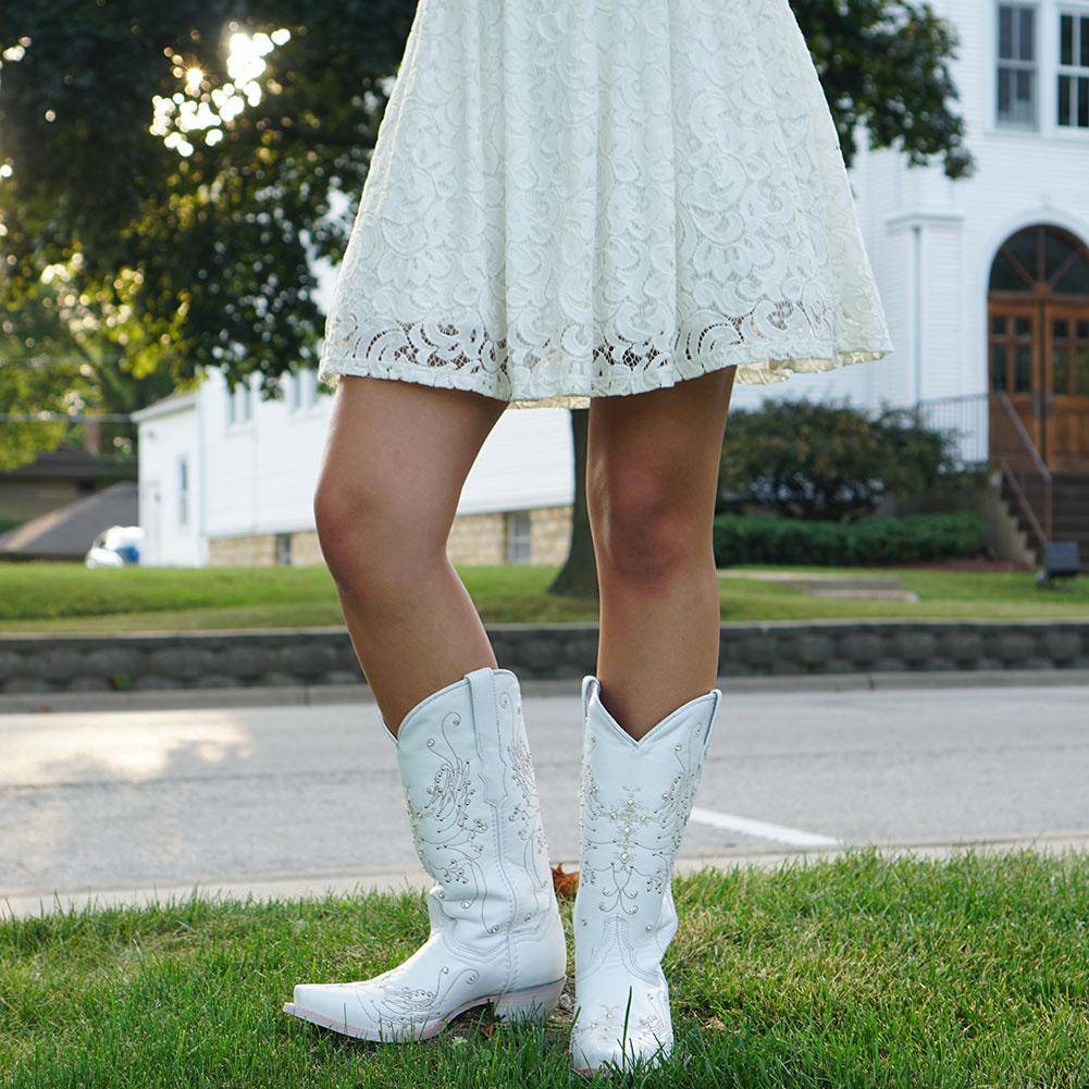 White Rhinestone Cowgirl Boots by Soto Boots featuring intricate rhinestone embellishments, perfect for wedding or Western wear.