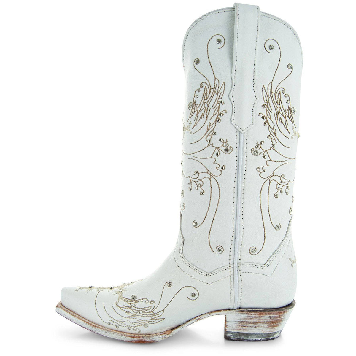White rhinestone cowgirl boots by Soto Boots featuring intricate detailing, perfect for wedding or western style occasions.