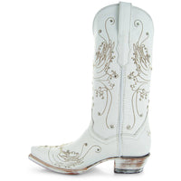 White rhinestone cowgirl boots by Soto Boots featuring intricate detailing, perfect for wedding or western style occasions.