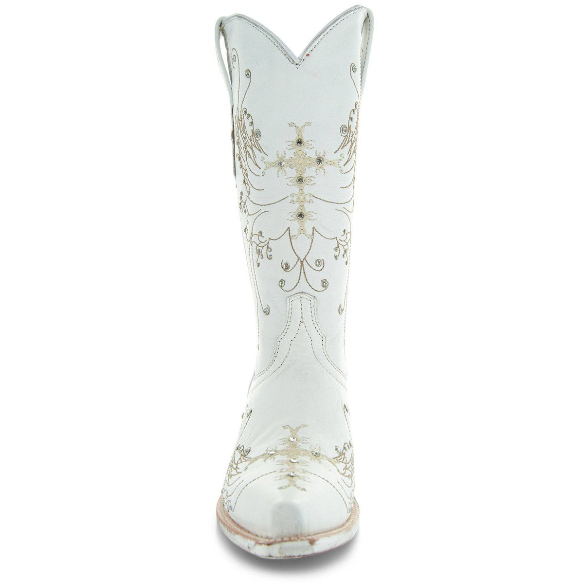 White rhinestone cowgirl boots by Soto Boots featuring Western-style design, decorative rhinestones, perfect for wedding or casual wear.