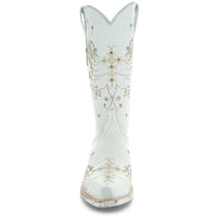 White rhinestone cowgirl boots by Soto Boots featuring Western-style design, decorative rhinestones, perfect for wedding or casual wear.