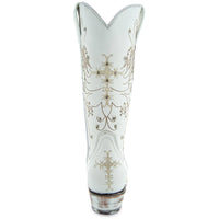 White rhinestone cowgirl boots by Soto Boots with pointed toes and decorative stitching, perfect for wedding or Western wear.