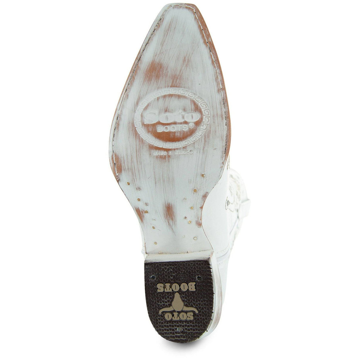 White rhinestone cowgirl boots by Soto Boots featuring pointed toes and decorative stitching, ideal for weddings and Western wear.