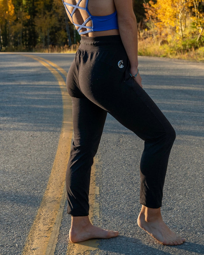 Soul Fire Apparel Co Onsight Joggers in black with drawstring waist and tapered fit, shown on a model.