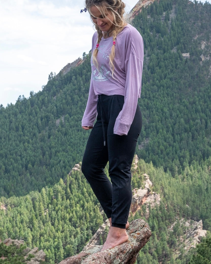 Black Onsight Joggers by Soul Fire Apparel Co, featuring a relaxed fit and adjustable waistband, shown on a model.