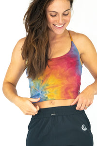 Soul Fire Apparel Co Alpine Butterfly Knot Crop top with front tie and adjustable straps, displayed on a hanger.
