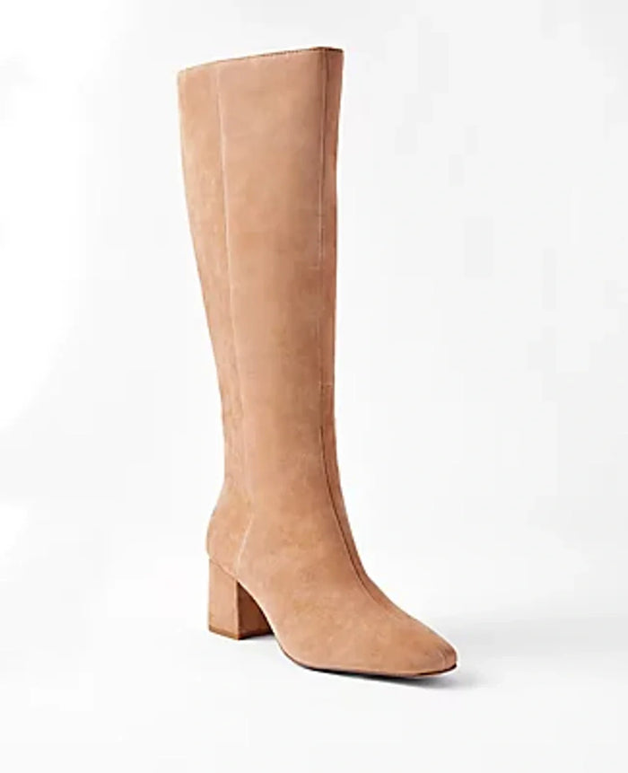 Southern Satin Ann Taylor women's 2.5-inch block heel suede tall boots in Dominican Sand, showcasing stylish footwear.