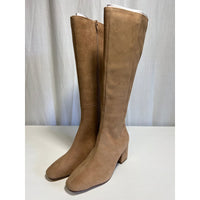 Southern Satin Ann Taylor 2.5-inch block heel suede tall boots for women, in Dominican Sand color, shown from the front.