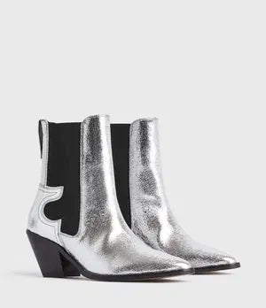 Southern Satin Sara Ankle Boot in silver for women, stylish ankle shoes featuring a sleek design and silver finish.