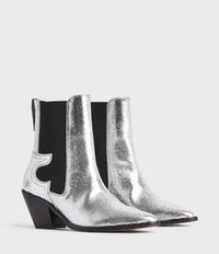 Southern Satin Sara Ankle Boot in silver for women, stylish ankle shoes featuring a sleek design and silver finish.