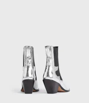 Silver Allsaints Sara ankle boot for women by Southern Satin, featuring sleek design and stylish ankle-height silhouette.