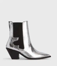 Southern Satin AllSaints Sara ankle boot in silver with pointed toe and stacked heel, stylish women's footwear on a neutral background.