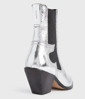 Silver AllSaints Sara Ankle Boot for women, showcasing stylish design and sleek ankle-high silhouette with Southern Satin branding.