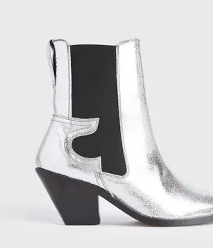 Southern Satin Sara ankle boot for women, silver leather shoes with stylish ankle height and sleek design.