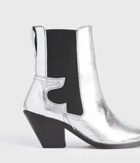 Southern Satin Sara ankle boot for women, silver leather shoes with stylish ankle height and sleek design.