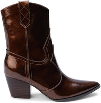Southern Satin Bambi bronze patent boots, size 9, featuring glossy finish and stylish design for women's footwear.
