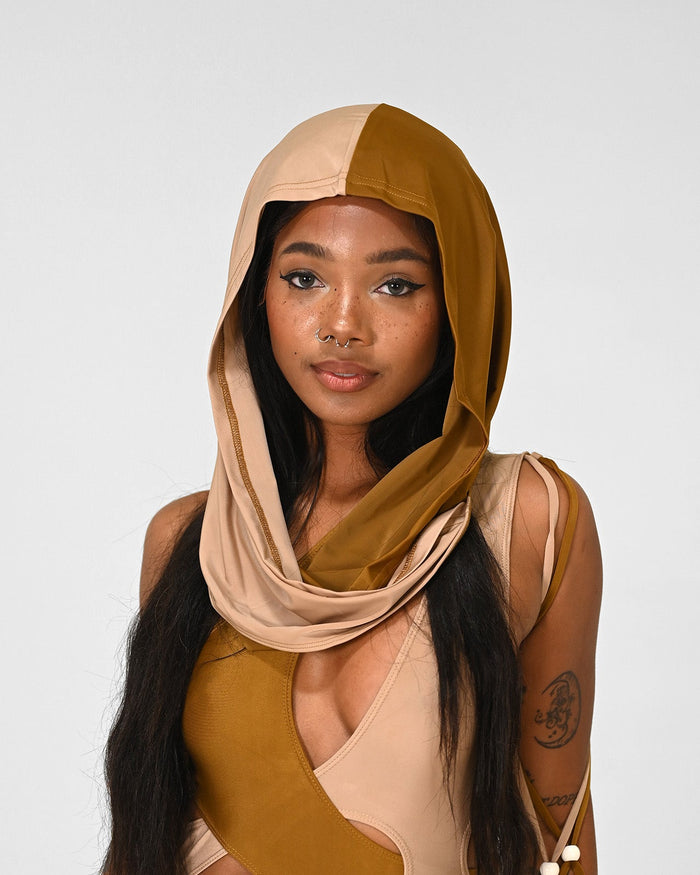 Brown Desert Dawn Hood accessory by SUSPEX Rave Outfits, featuring a stylish, comfortable hood for desert festival or rave fashion.