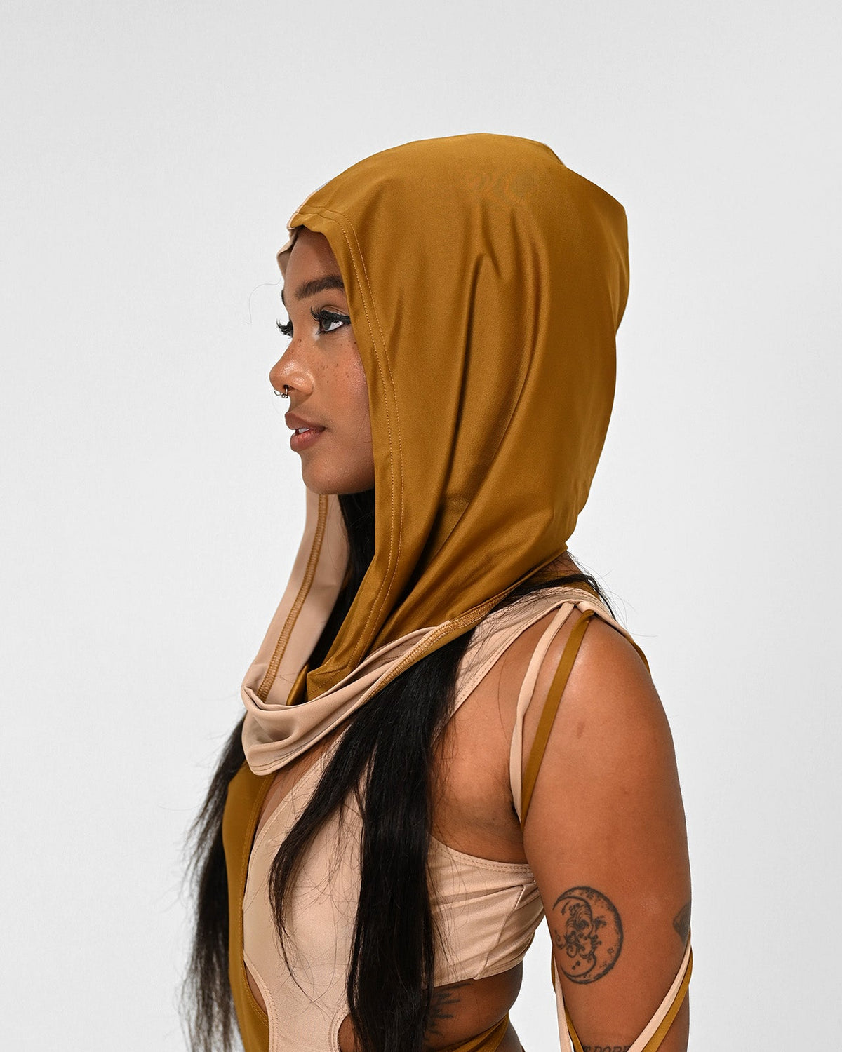 Brown Desert Dawn Hood by SUSPEX Rave Outfits, a festival accessory featuring a stylish headpiece with desert-inspired design.