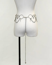 Silver Heartbreaker Waist Chain Belt by SUSPEX Rave Outfits, featuring a Y2K-style body chain accessory with heart details.