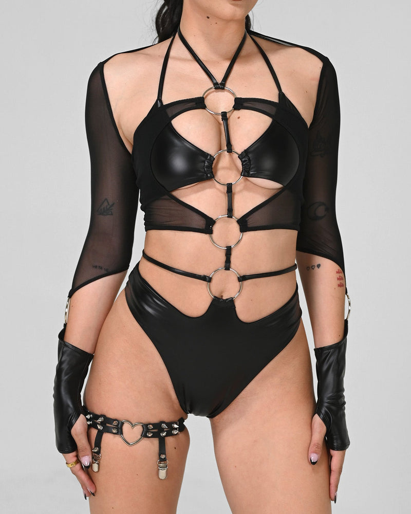 Black mesh O-ring sleeves accessory by SUSPEX Rave Outfits, featuring stretchy mesh fabric and O-ring details.