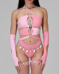 Pink cutout sleeves accessory from SUSPEX Rave Outfits, styled with a women's rave bodysuit for festival or party wear.